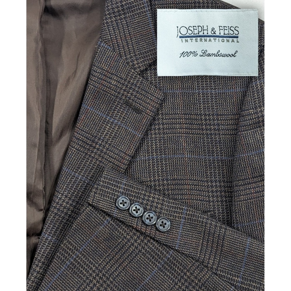 Joseph Feiss 100% Lambswool Blazer Sport Coat Suit Jacket 44L Brown Glenn Check
